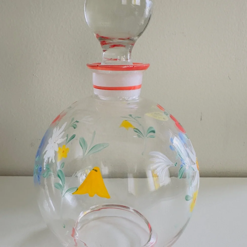 Vintage Hand Painted Floral Glass Decanter Ball Stopper